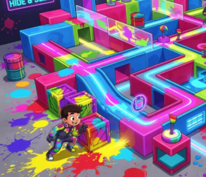 Arcade-style Paint Hide & Seek arena map with suggested stealth paths and paint tactics
