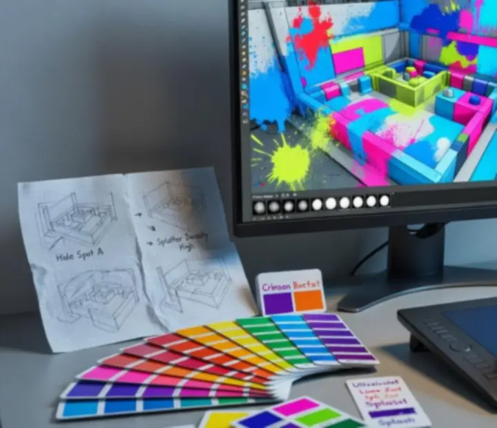 Concept art of colorful 3D Paint Hide & Seek arena showing paint trails and stealth-focused structures