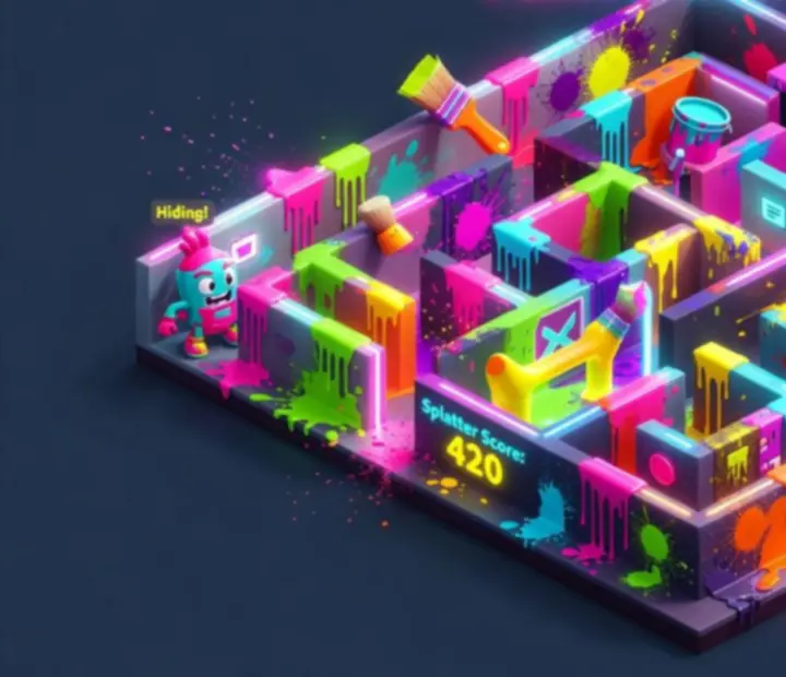 Top-down view of multiple colorful Paint Hide & Seek arenas with paint-splattered paths and hiding zones