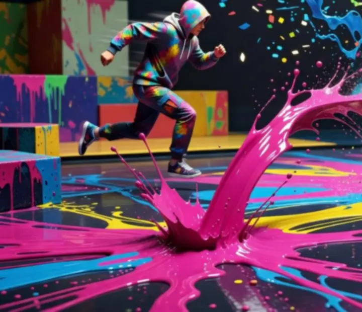 Environmental paint hazards with traps, slides, and confetti bursts in Paint Hide & Seek