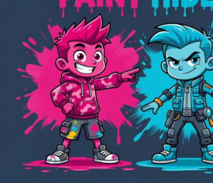 A cast of quirky Paint Hide & Seek characters each with unique paint color schemes and costumes