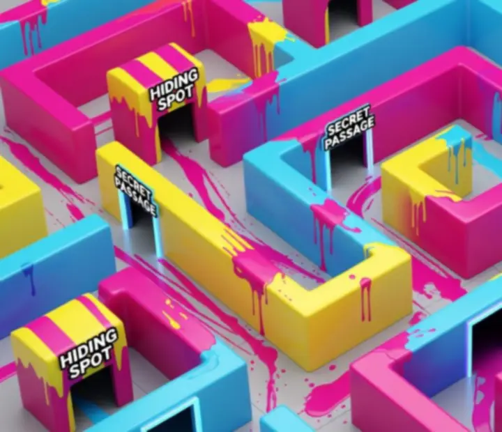 Annotated Paint Hide & Seek maze map highlighting key hideouts and escape tunnels