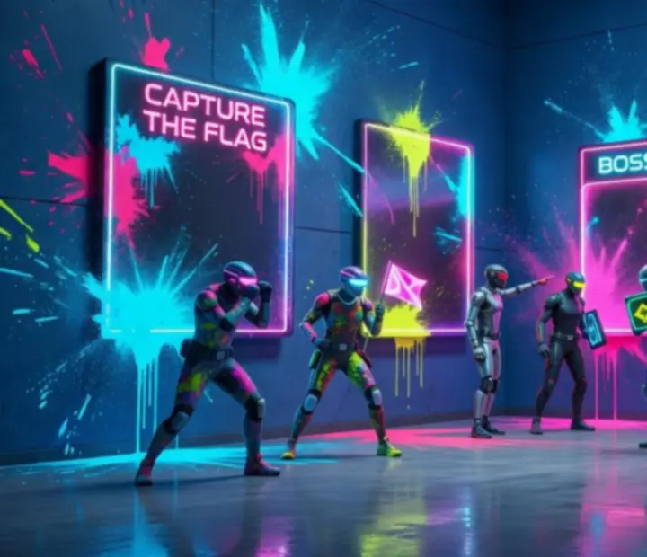 Collage of Paint Hide & Seek game modes with different arena layouts