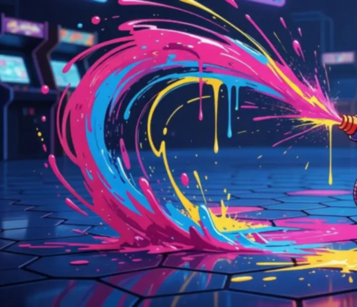 Colorful paint splatter trails forming decoy paths in an arena