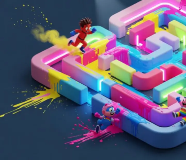 A colorful maze arena from Paint Hide & Seek with winding corridors and vivid paint trails