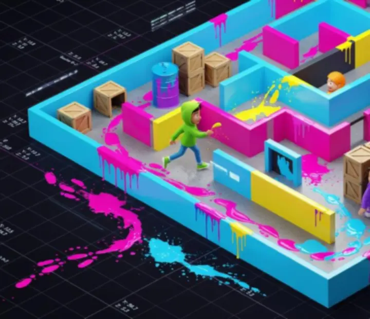 Overview of a Paint Hide & Seek maze arena filled with colorful paint trails and hiding spots