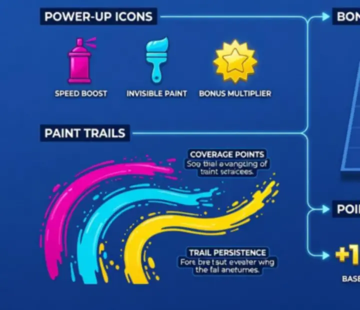 Infographic summarizing Paint Hide & Seek power-ups, arena terrain types, and scoring system