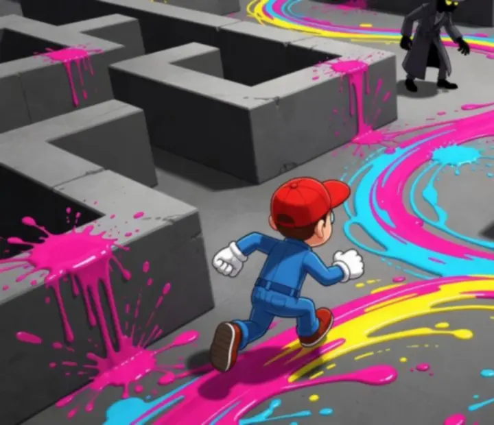 Top-down view of a Paint Hide & Seek arena showing a fake paint trail used to distract a seeker