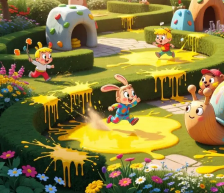 Yellow paint-filled garden arena with courtyards and interactive objects in Paint Hide & Seek
